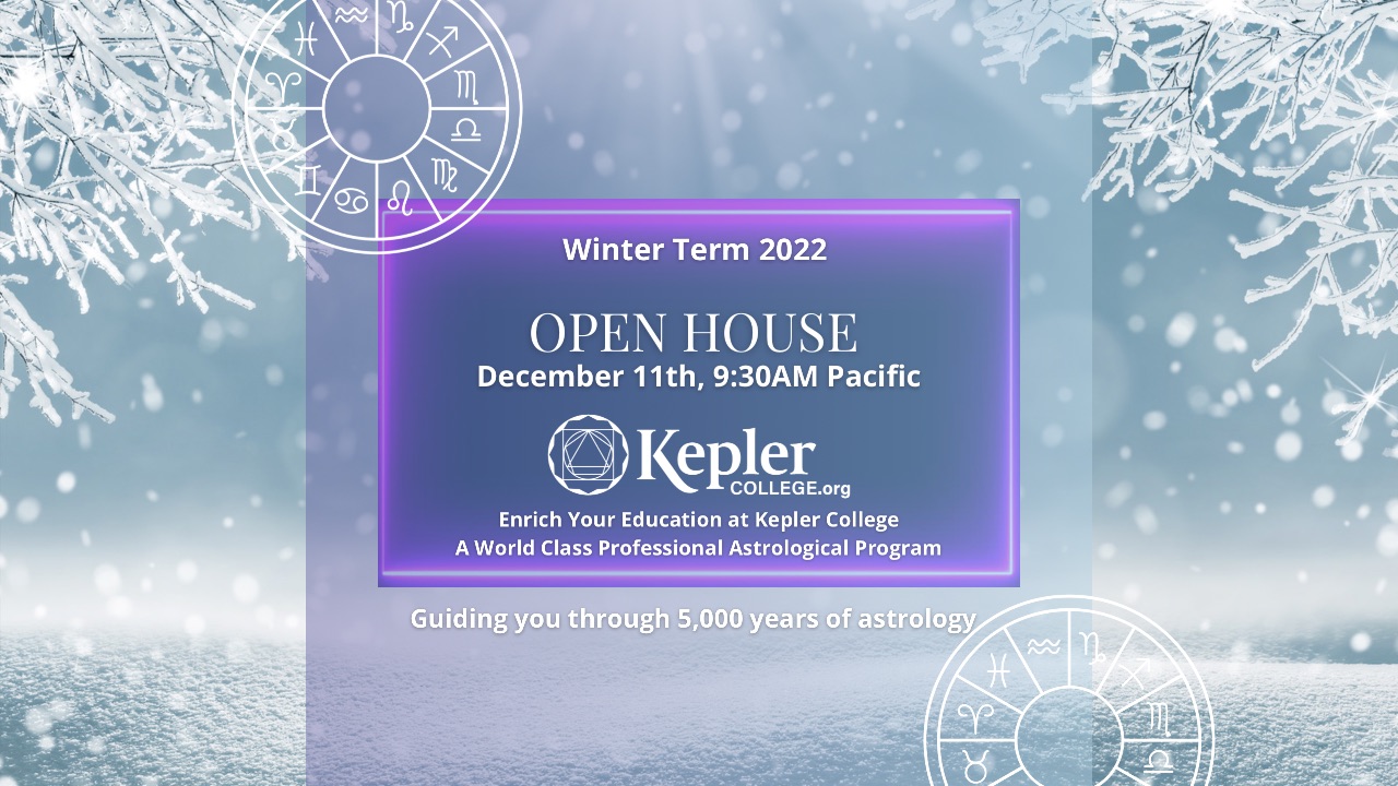 Snow falling on ice covered branches, white zodiac wheels, date and time of Open House, Kepler College Logo